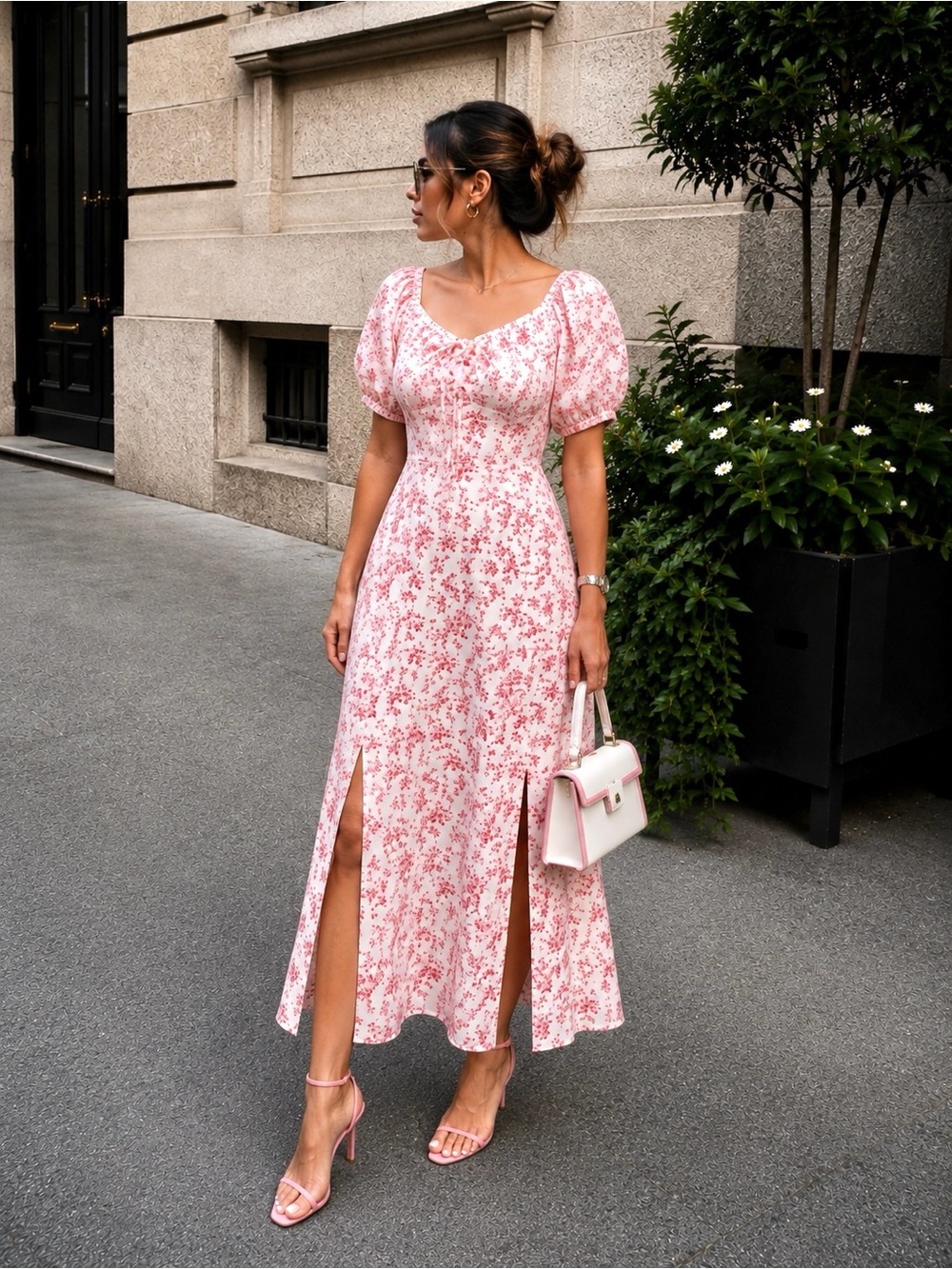 Floral Puff-Sleeve Pink Midi Dress